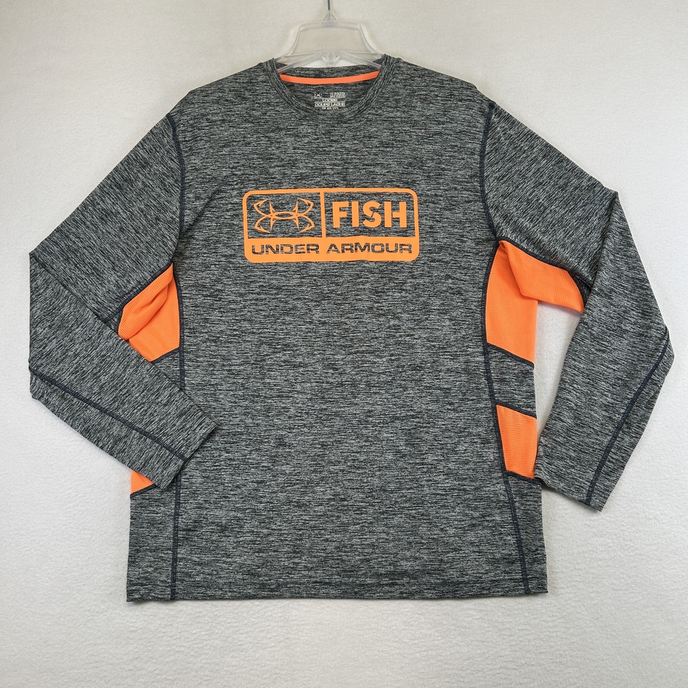 Under Armour Fish Shirt Mens XL Gray Orange HeatGear Long Sleeve Fishing Top
